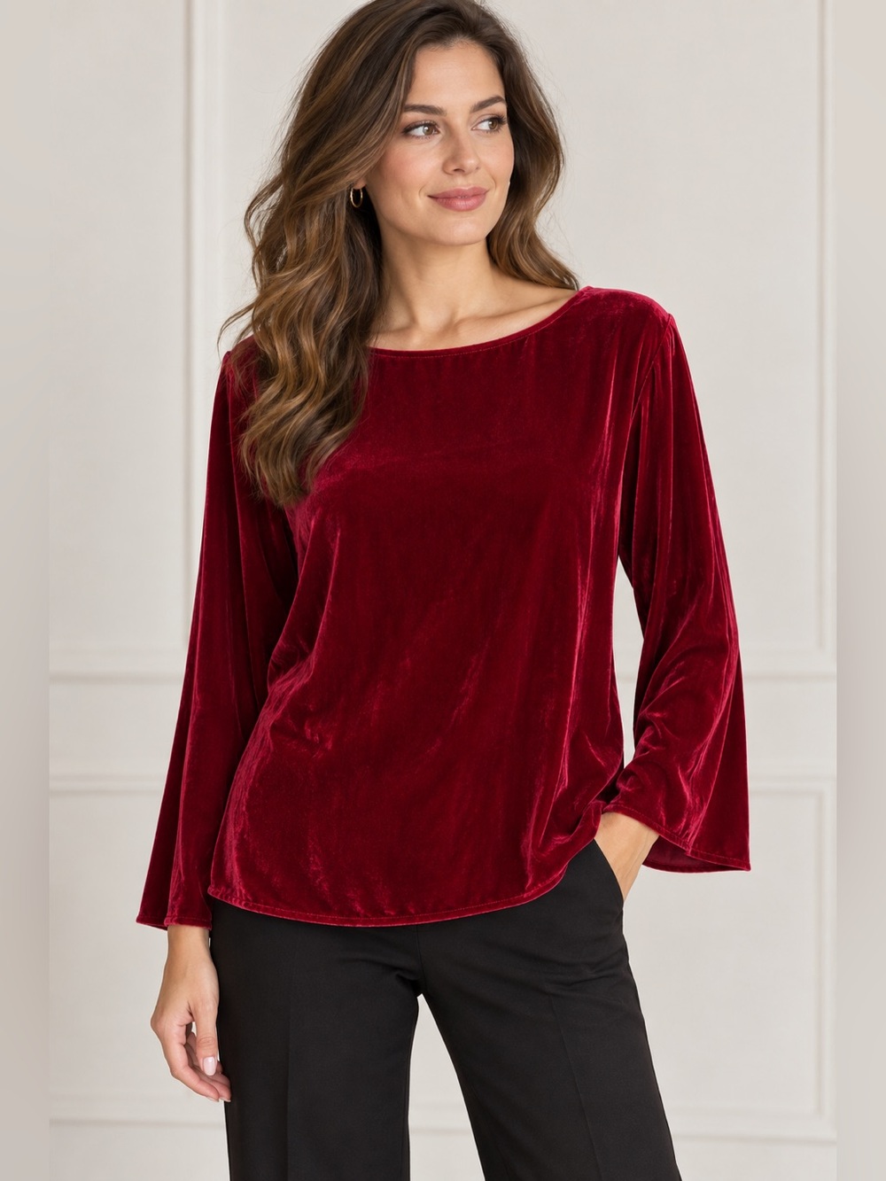 Eileen Fisher Ruby Red Velvet Silk Blend Long Sleeve Blouse Top Size XS